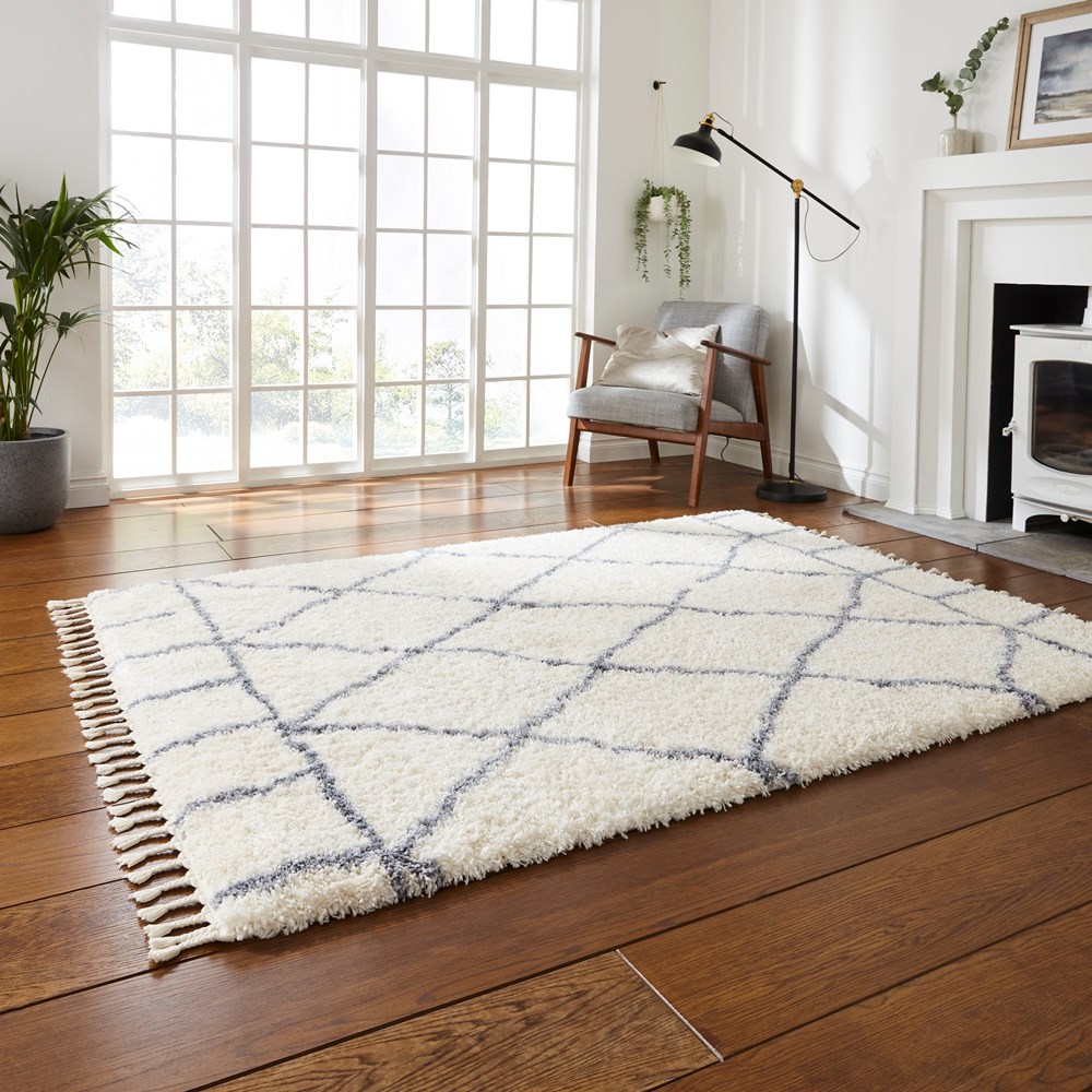 Boho Moroccan 1817 Shaggy Rugs in Ivory Grey